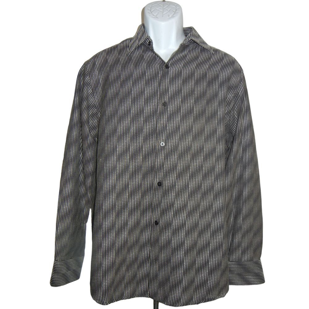 Jhane Barnes Shirt Men's Medium Short Sleeve Frequency Geometric Cotton silk